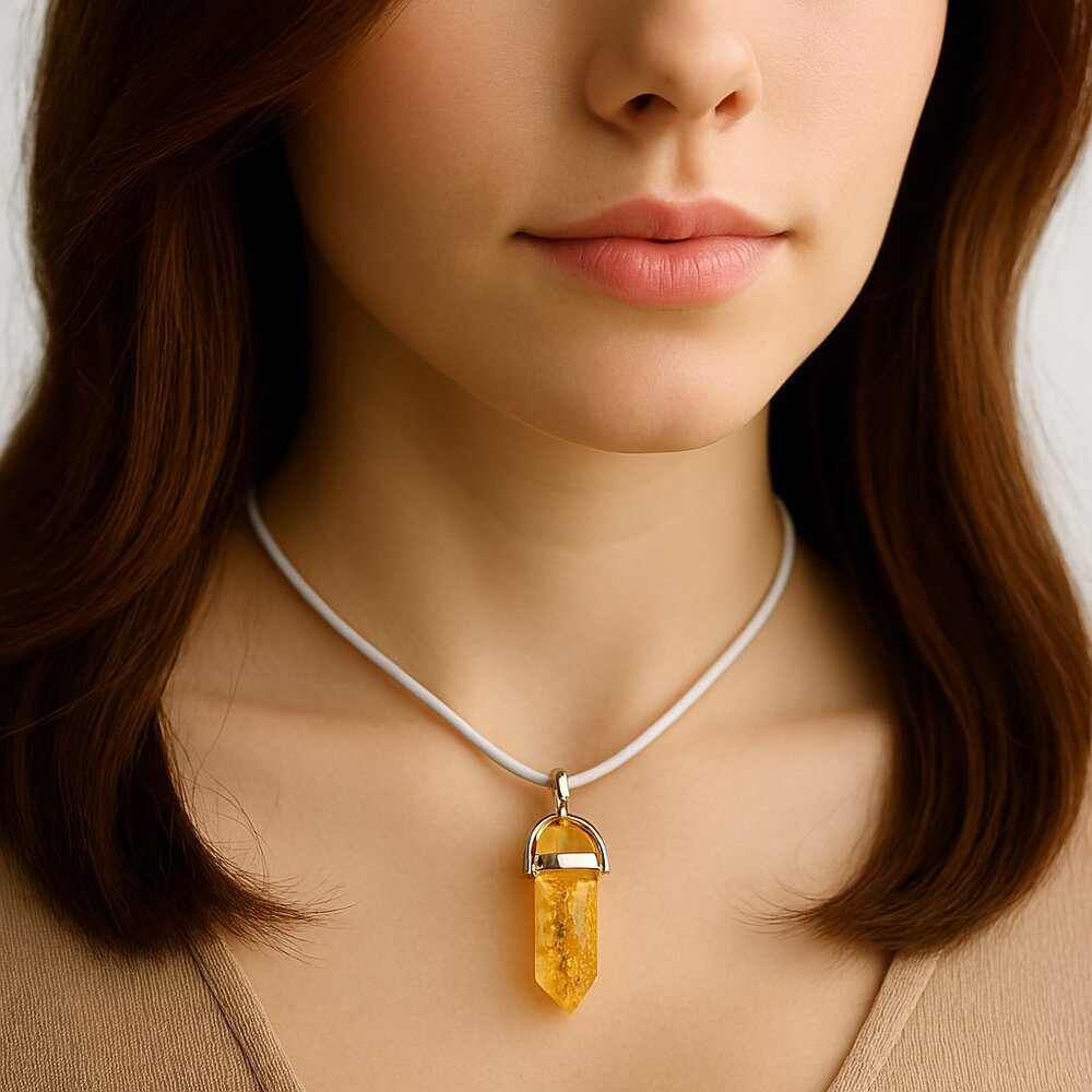 Boho Yellow Crystal Point Pendant Necklace, Resin Star & Heart Charms White Cord